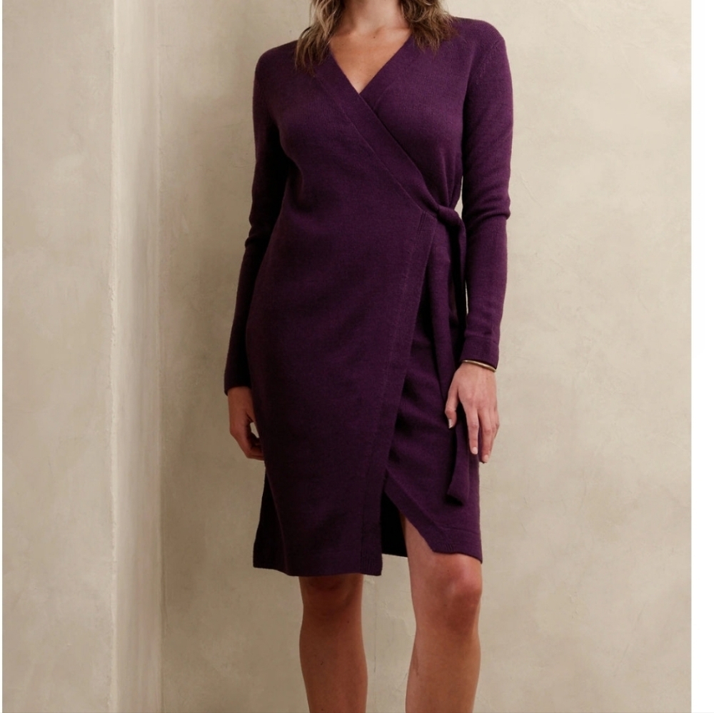 Banana Republic Faux Wrap Knee Length Sweater Dress In Pinot Noir